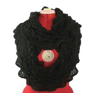 Ruffle Edge Black Soft Silver Metallic Thread Cable Knit Infinity Loop Scarf